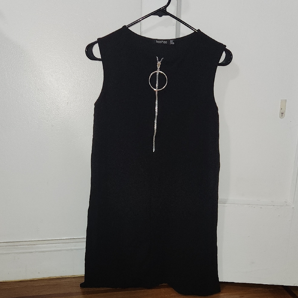 Boohoo Black Ring Zip Mini Dress | Sleeveless Y2K Dress US 4 - Picture 1 of 1